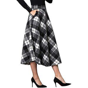 Womens Mid-calf Black Elastic Waist A-Line Pleated Tartan Long Plaid Wool Skirt